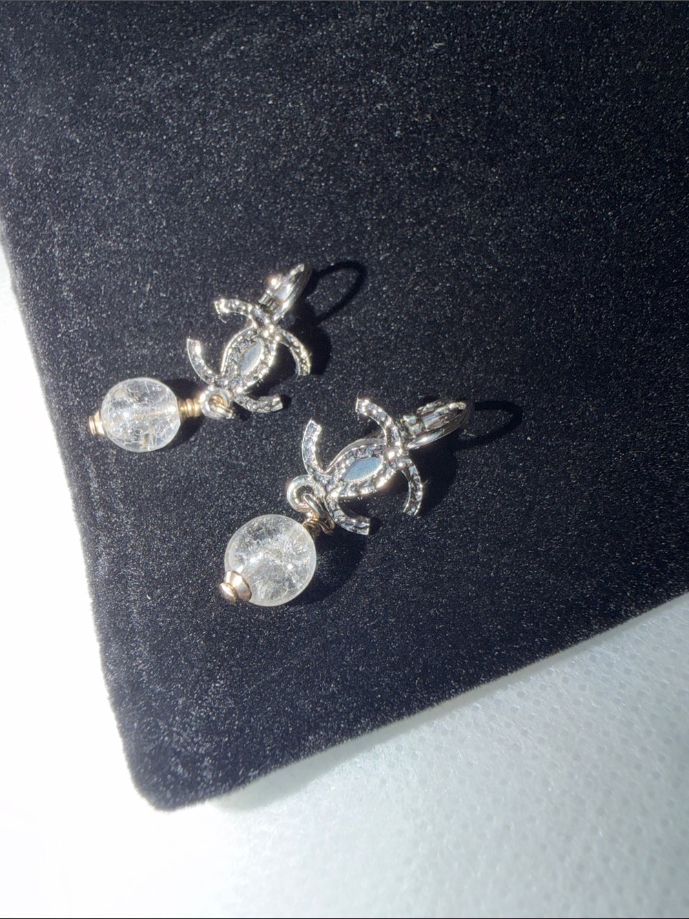 CHANEL Gold-Tone CC Logo Earrings with Clear Crystal Drops (Final Sale)